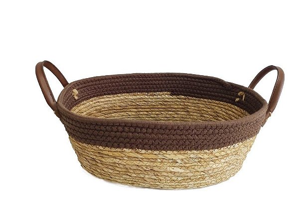 CESTO DE SEAGRASS E FIBRA DE ALGODÃO MARROM JOHAN - 30X25X12CM