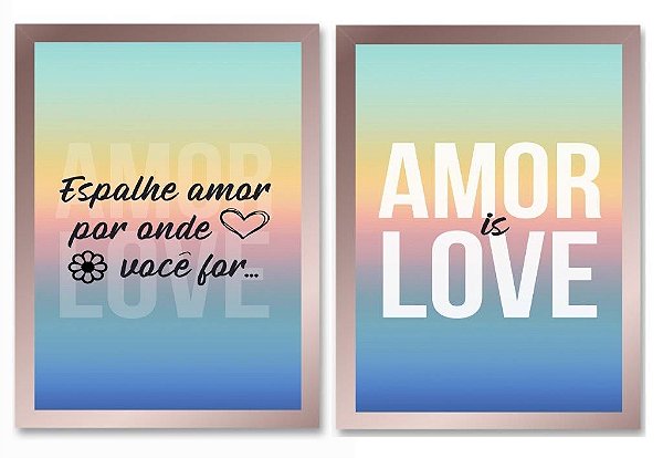 QUADRO DECORATIVO 2 PÇS ROSE GOLD LOVE IS 53x33x3CM