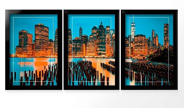 QUADRO DECORATIVO 3 PÇS PRETO CITY 43x33x1CM