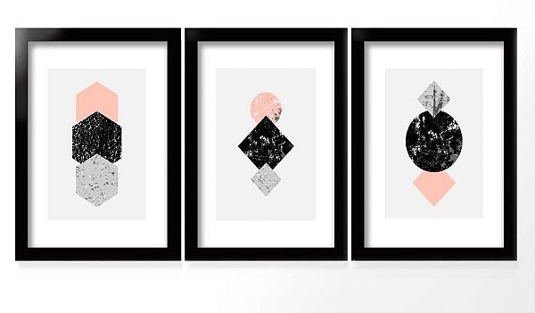 QUADRO DECORATIVO 3 PÇS PRETO ABSTRACT 43x33x1CM