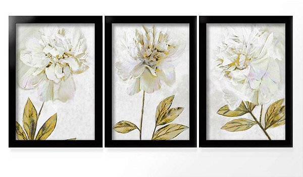 QUADRO DECORATIVO 3 PÇS PRETO FLOWER 43x33x1CM