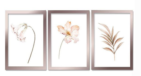 QUADRO DECORATIVO 3 PÇS ROSE GOLD FLOWERS 43X33X1CM