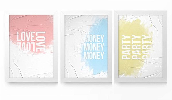 QUADRO DECORATIVO 3 PÇS BRANCO LOVE 43X33X1CM