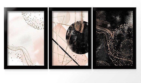QUADRO DECORATIVO 3 PÇS PRETO ABSTRACT 43X33X1CM