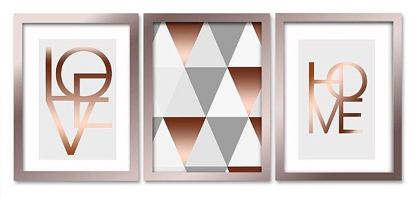 QUADRO DECORATIVO 3 PÇS ROSE GOLD LOHO 43X33X1CM