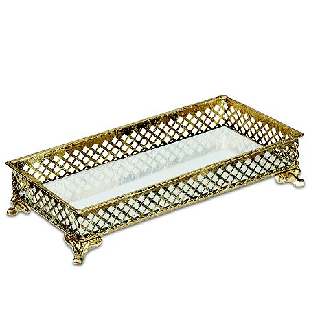 BANDEJA  DOURADA EM METAL COM ESPELHO
