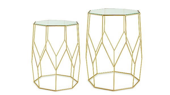 KIT MESA LATERAL DOURADO EM METAL E VIDRO - 2 PCS