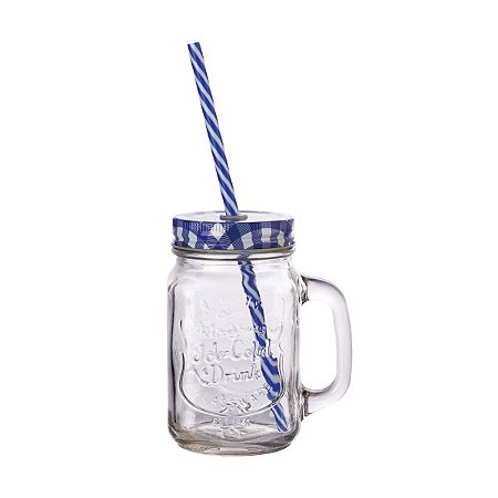 CANECA DE VIDRO C/TAMPA E CANUDO PARTY AZUL 425ml