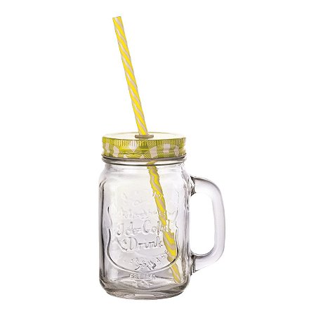 CANECA DE VIDRO C/TAMPA E CANUDO PARTY AMARELA 425ml