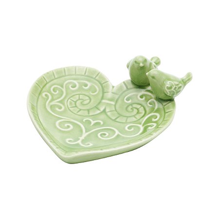 PRATO DECORATIVO DE CERÂMICA CORAÇÃO VERDE C/PÁSSARO 14x5,5