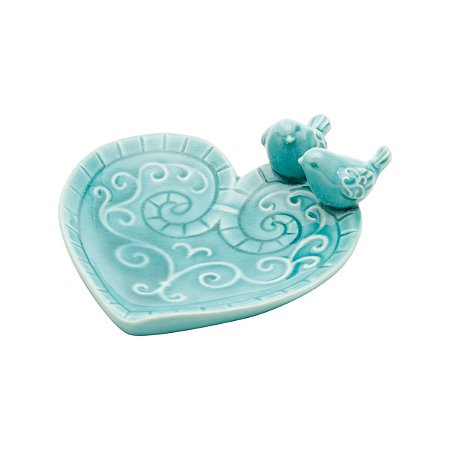 PRATO DECORATIVO DE CERÂMICA CORAÇÃO AZUL C/PÁSSARO 14x5,5cm