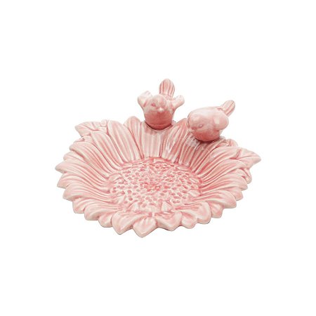 PRATO CORATIVO  CERÂMICA GIRASSOL ROSA C/PÁSSAROS 15x14x5