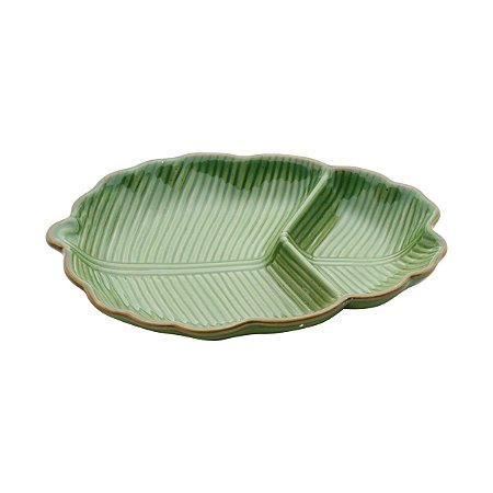 PRATO DECORATIVO DE CERÂMICA BANANA LEAF VERDE 26,5x20x4cm