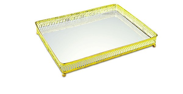 BANDEJA DOURADA EM METAL COM ESPELHO