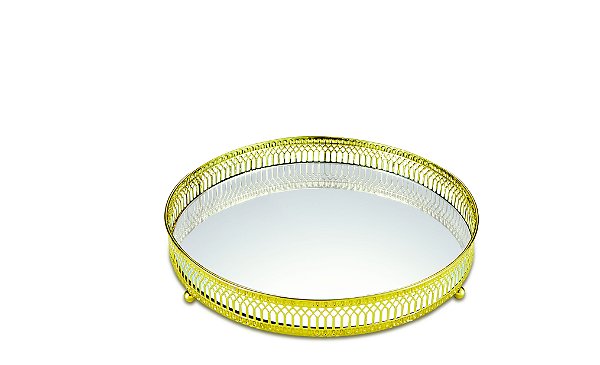 BANDEJA DOURADA EM METAL COM ESPELHO