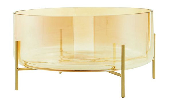 CENTRO DE MESA CHAMPAGNE EM VIDRO COM SUPORTE