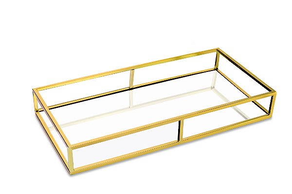 BANDEJA DOURADA EM METAL COM ESPELHO