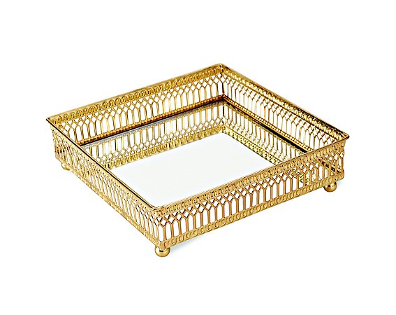 KIT BANDEJA DOURADA EM METAL COM ESPELHO- 2 PCS