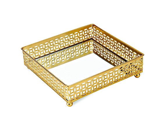 KIT BANDEJA DOURADA EM METAL COM ESPELHO - 2 PCS