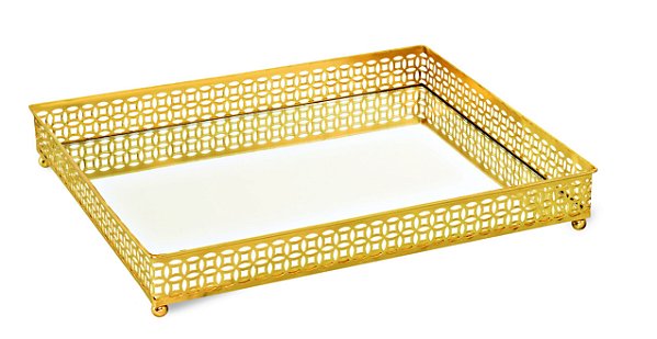 BANDEJA DOURADA EM METAL COM ESPELHO