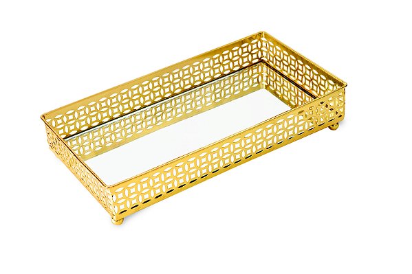 BANDEJA DOURADA EM METAL COM ESPELHO
