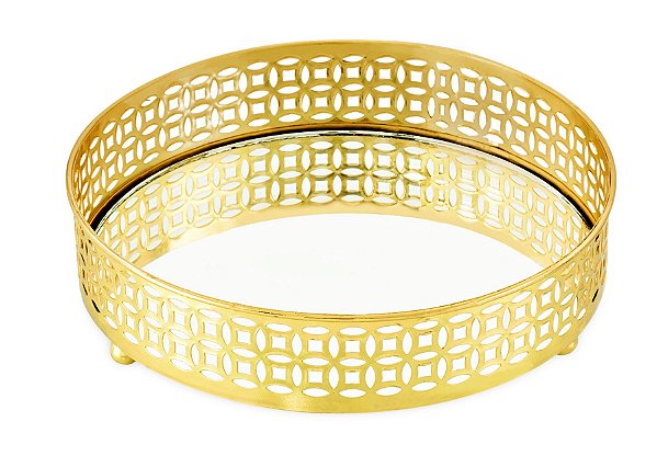 BANDEJA DOURADA EM METAL COM ESPELHO