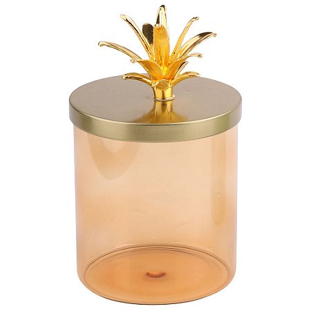POTE DE VIDRO SALMAO COM TAMPA DOURADA 9,5CM X 9,5CM X 15CM