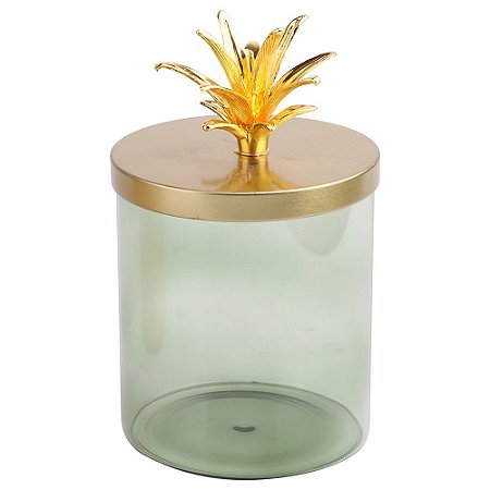 POTE DE VIDRO VERDE E TAMPA DOURADA  9,5CM X 9,5CM X 15CM