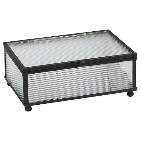 PORTA JÓIA DE VIDRO CANELADO E METAL PRETO 15CM X 10CM X 6CM