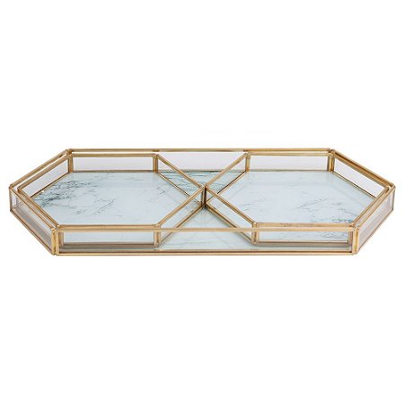 CONJ. DE BANDEJAS DE VIDRO ESTILO MARMORE BRANCO E METAL DOU