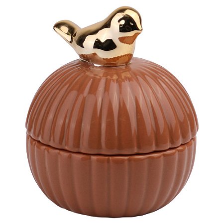 POTE DE CERAMICA MARROM COM PASSARO DOURADO 8CM X 8CM X 10CM