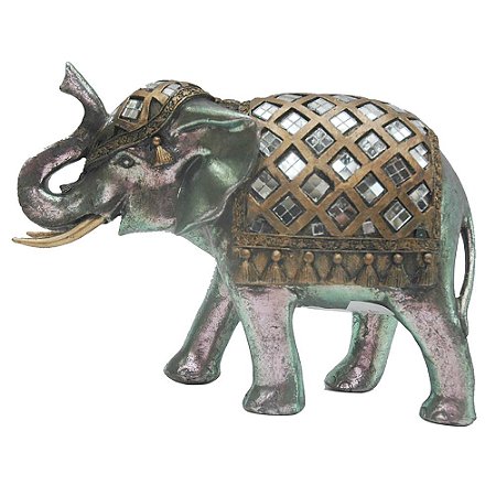 ELEFANTE DE RESINA PRATA COM DOURADO 21CM X 9CM X 14,5CM