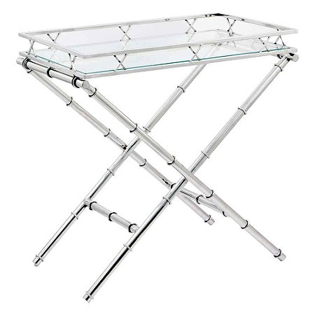 MESA RETRATIL EM VIDRO COM BASE DE METAL PRATA