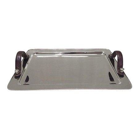 BANDEJA DE METAL PRATA COM ALCAS ESTILO COURO MARROM
