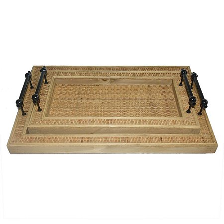 CONJ. DE BANDEJAS DE RATTAN E MADEIRA COM ALÇA DE METAL - 2P