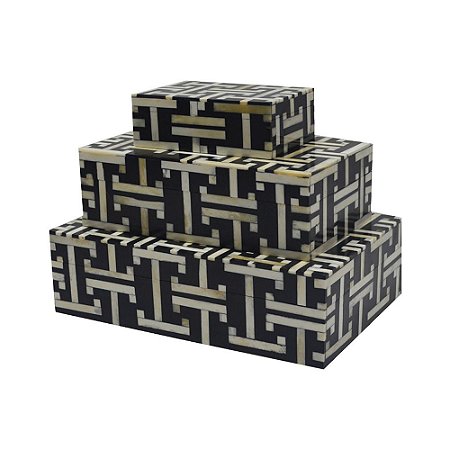 CONJ DE CAIXAS DE MADEIRA E RESINA ESTILO OSSO PRETO E BRANC