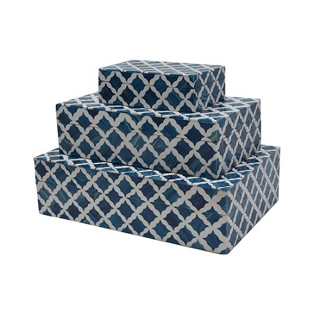 CONJ DE CAIXAS DE MADEIRA E RESINA ESTILO OSSO AZUL E BRANCA