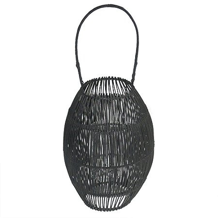 LANTERNA DE RATTAN, METAL E VIDRO PRETA 25CM X 25CM X 59CM