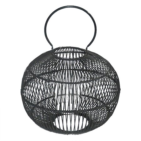 LANTERNA DE RATTAN, METAL E VIDRO PRETA 40CM X 40CM X 50CM
