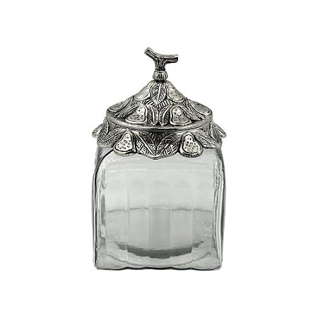 POTE DECORATIVO DE VIDRO TRANSPARENTE COM TAMPA DE METAL PRA