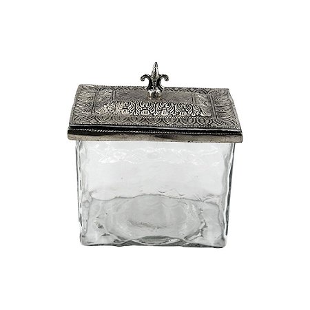 POTE DECORATIVO DE VIDRO TRANSPARENTE COM TAMPA DE METAL PRA