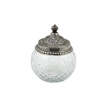 POTE DECORATIVO DE VIDRO TRANSPARENTE COM TAMPA DE METAL PRA