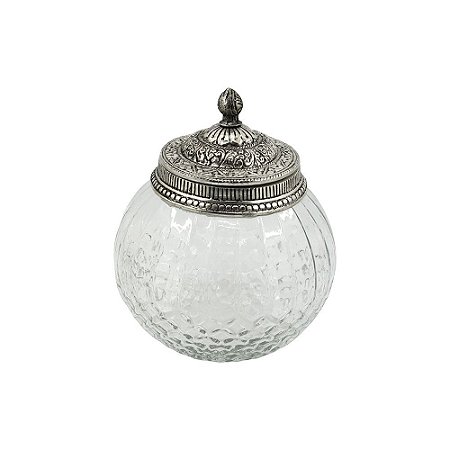 POTE DECORATIVO DE VIDRO TRANSPARENTE COM TAMPA DE METAL PRA