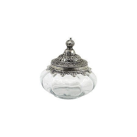 POTE DECORATIVO DE VIDRO TRANSPARENTE COM TAMPA DE METAL PRA