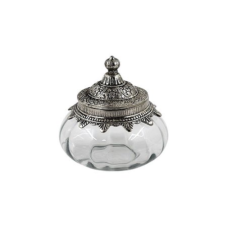 POTE DECORATIVO DE VIDRO TRANSPARENTE COM TAMPA DE METAL PRA