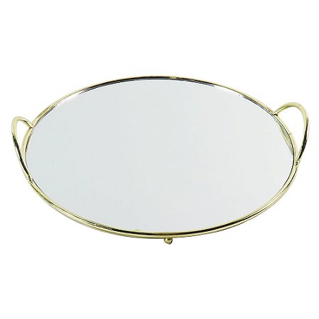 BANDEJA DE ESPELHO COM DETALHES DE METAL DOURADO D30 X 4CM