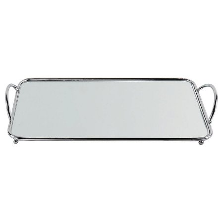 BANDEJA DE ESPELHO COM DETALHES DE METAL PRATA 39,5CM X 22CM