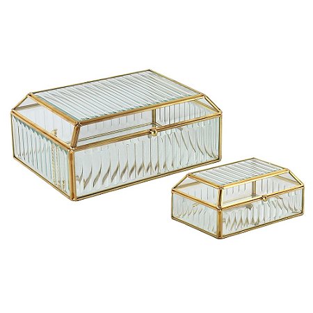 CONJ. DE PORTA JÓIAS DE VIDRO E METAL DOURADO - 2PCS G: 20,5