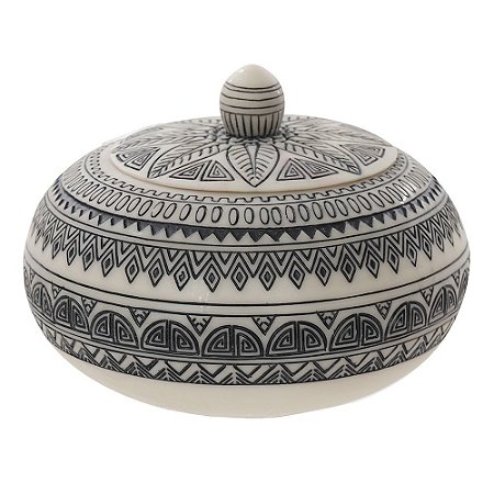 POTE DECORATIVO DE RESINA BRANCO COM DESENHOS AZUL MARINHO 1