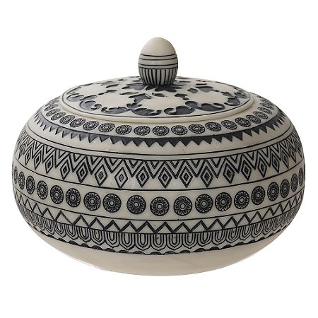 POTE DECORATIVO DE RESINA BRANCO COM DESENHOS AZUL MARINHO 1